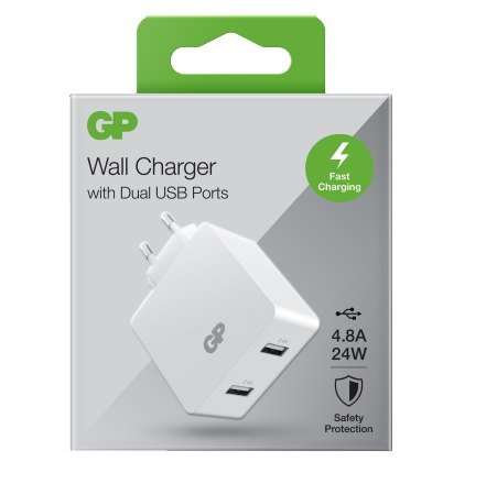 USB-väggladdare 2xUSB (2,4A + 2,4A) för alla telefoner / surfplattor Vit