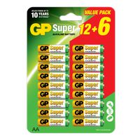 GP Super Alkaline AA-batteri, LR6, 12+6-pakning